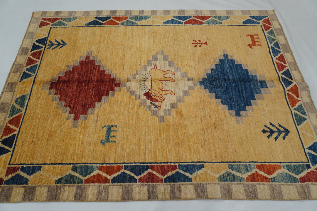 5x7 Gold Gabbeh Afghan Hand knotted wool Rug - Yildiz Rugs