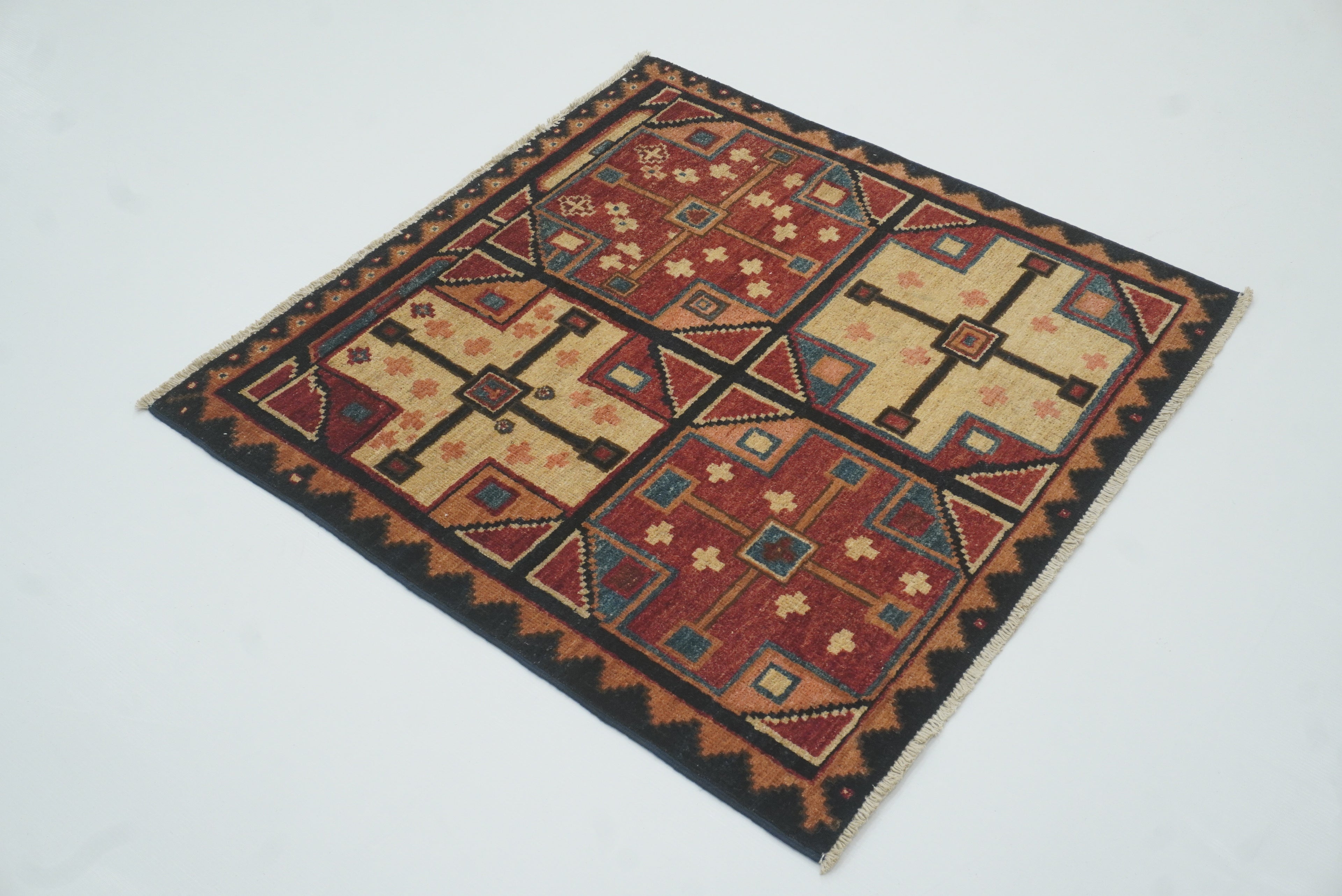 3x3 Red Blue Afghan Hand Knotted Sqaure Rug - Yildiz Rugs