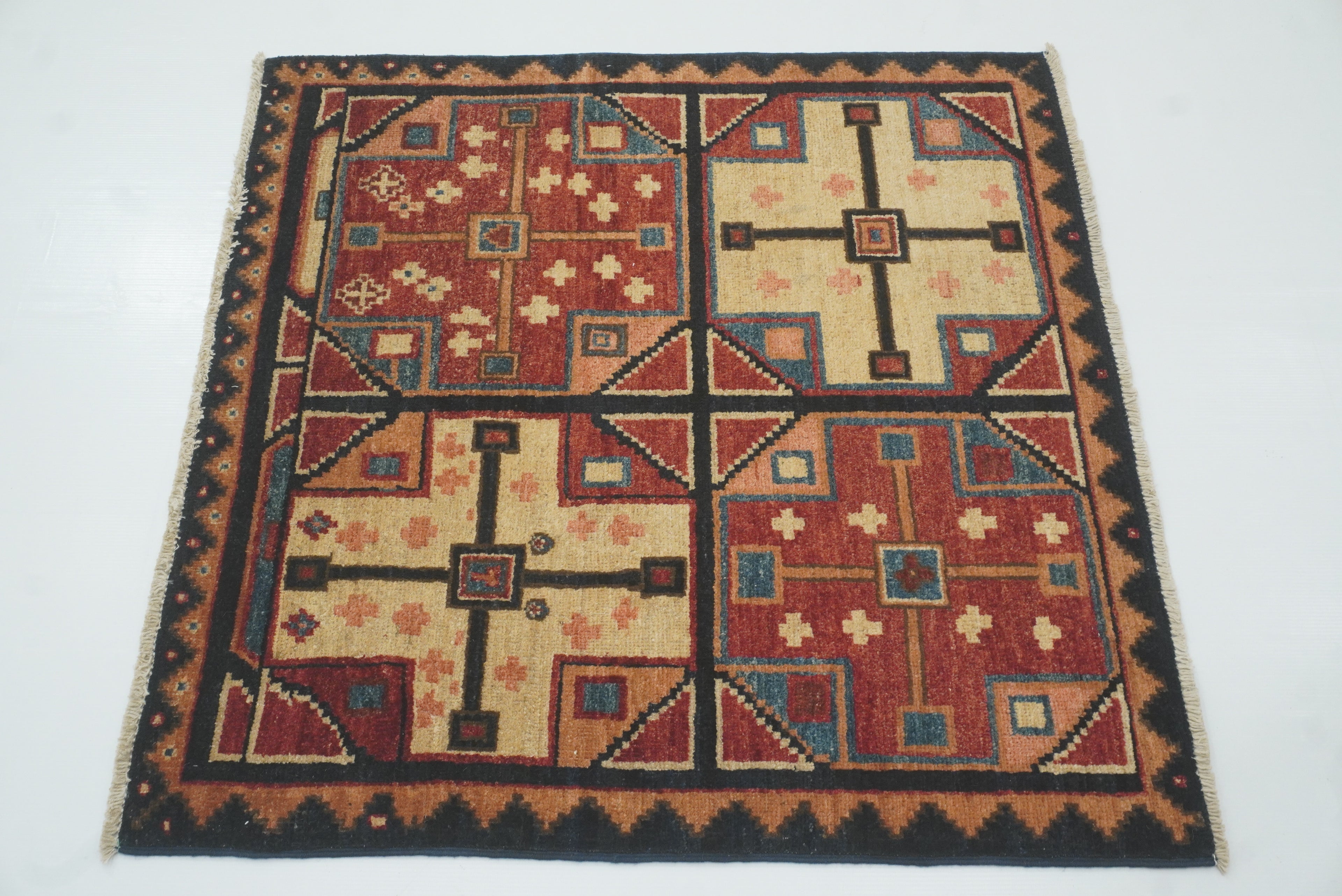 3x3 Red Blue Afghan Hand Knotted Sqaure Rug - Yildiz Rugs