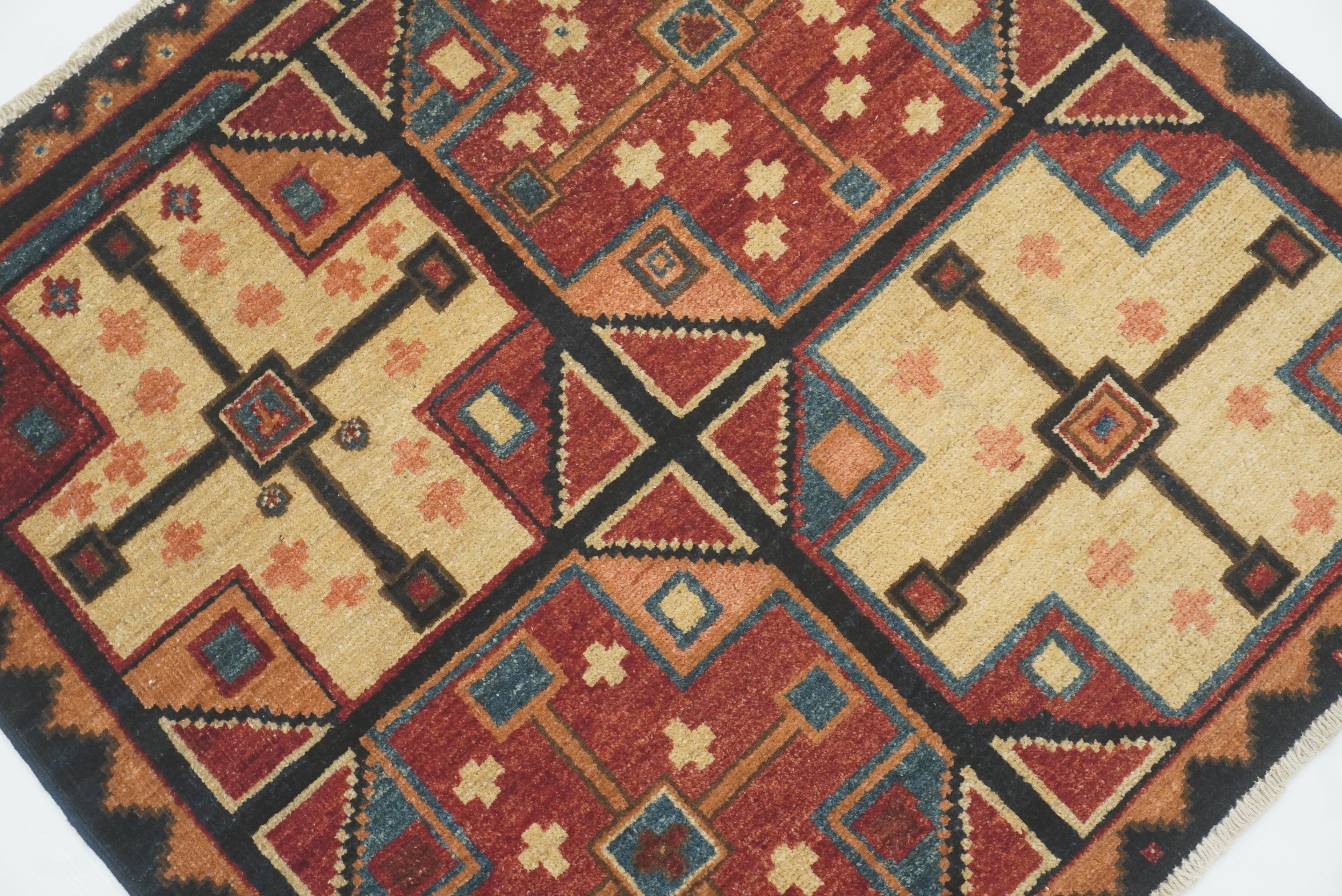 3x3 Red Blue Afghan Hand Knotted Sqaure Rug - Yildiz Rugs
