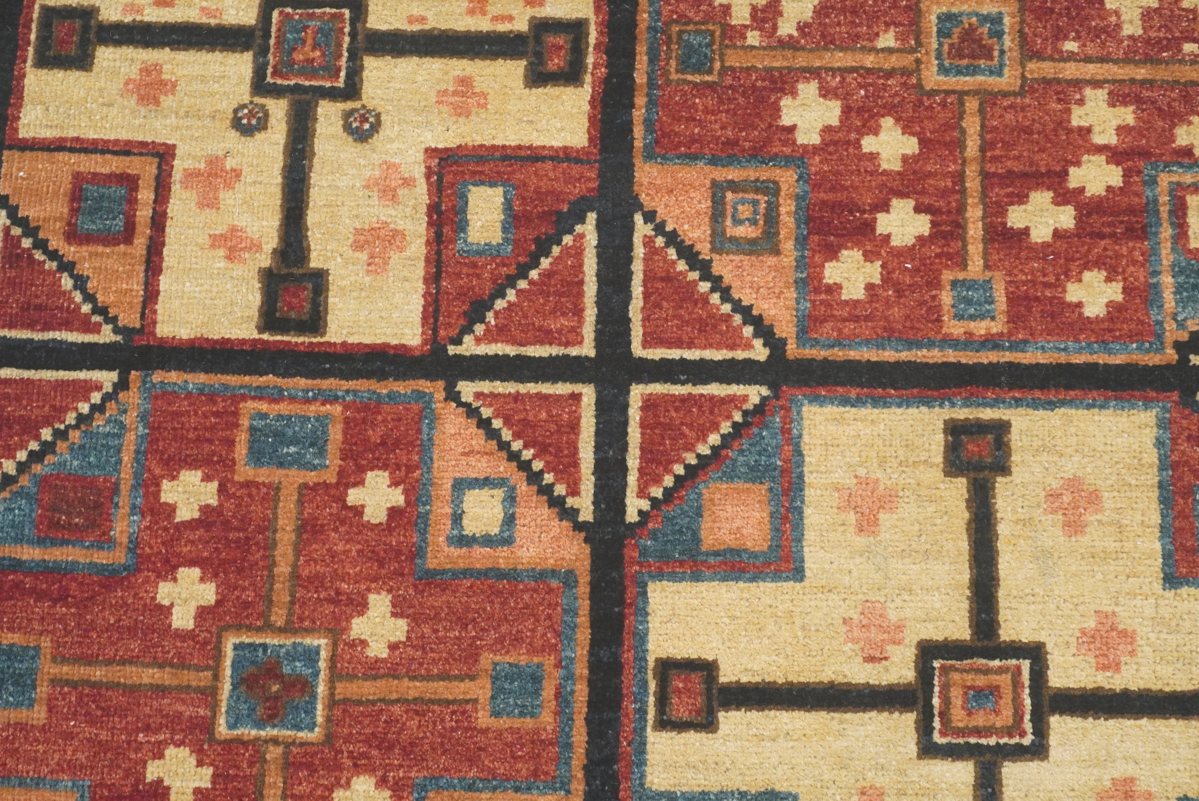 3x3 Red Blue Afghan Hand Knotted Sqaure Rug - Yildiz Rugs