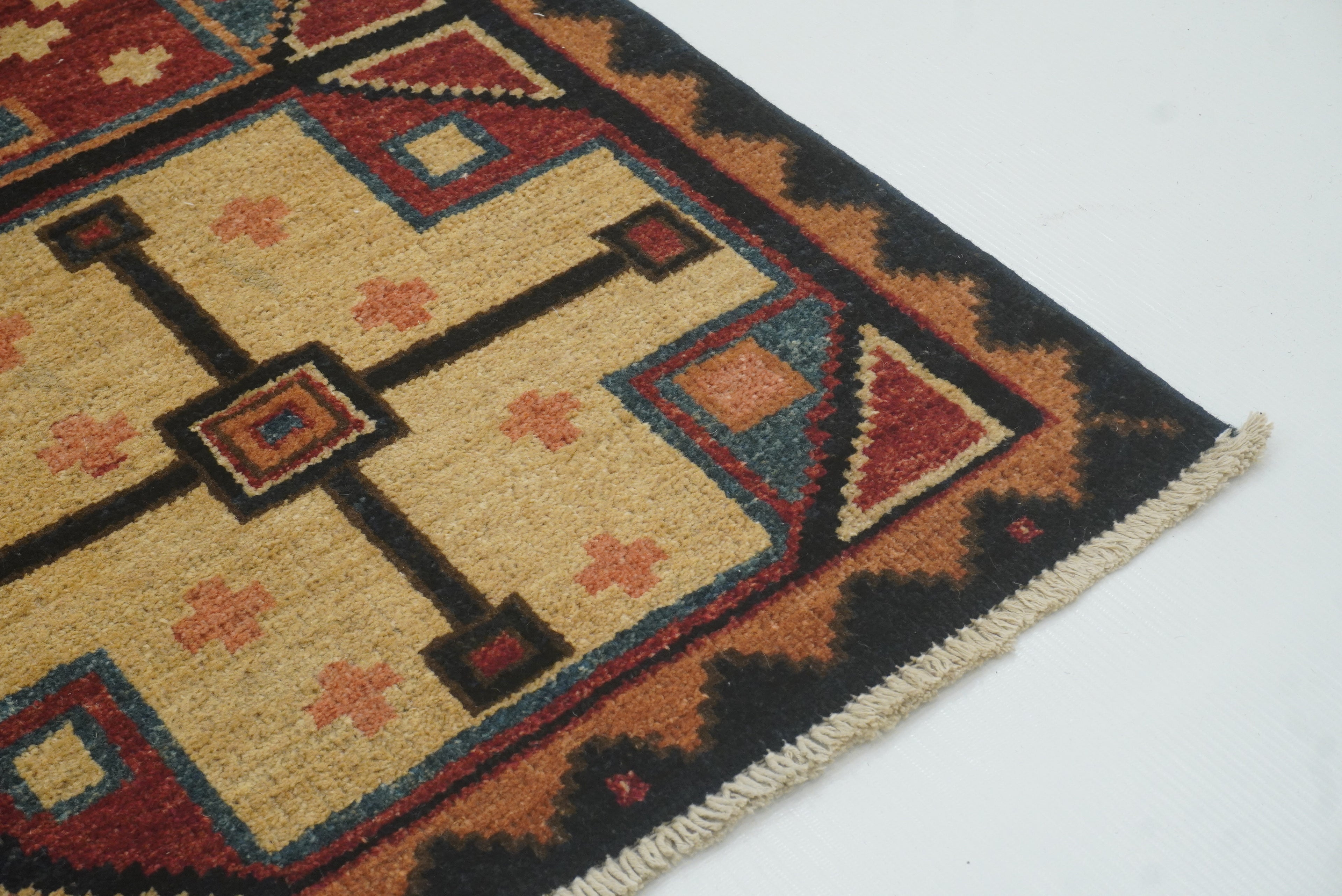 3x3 Red Blue Afghan Hand Knotted Sqaure Rug - Yildiz Rugs