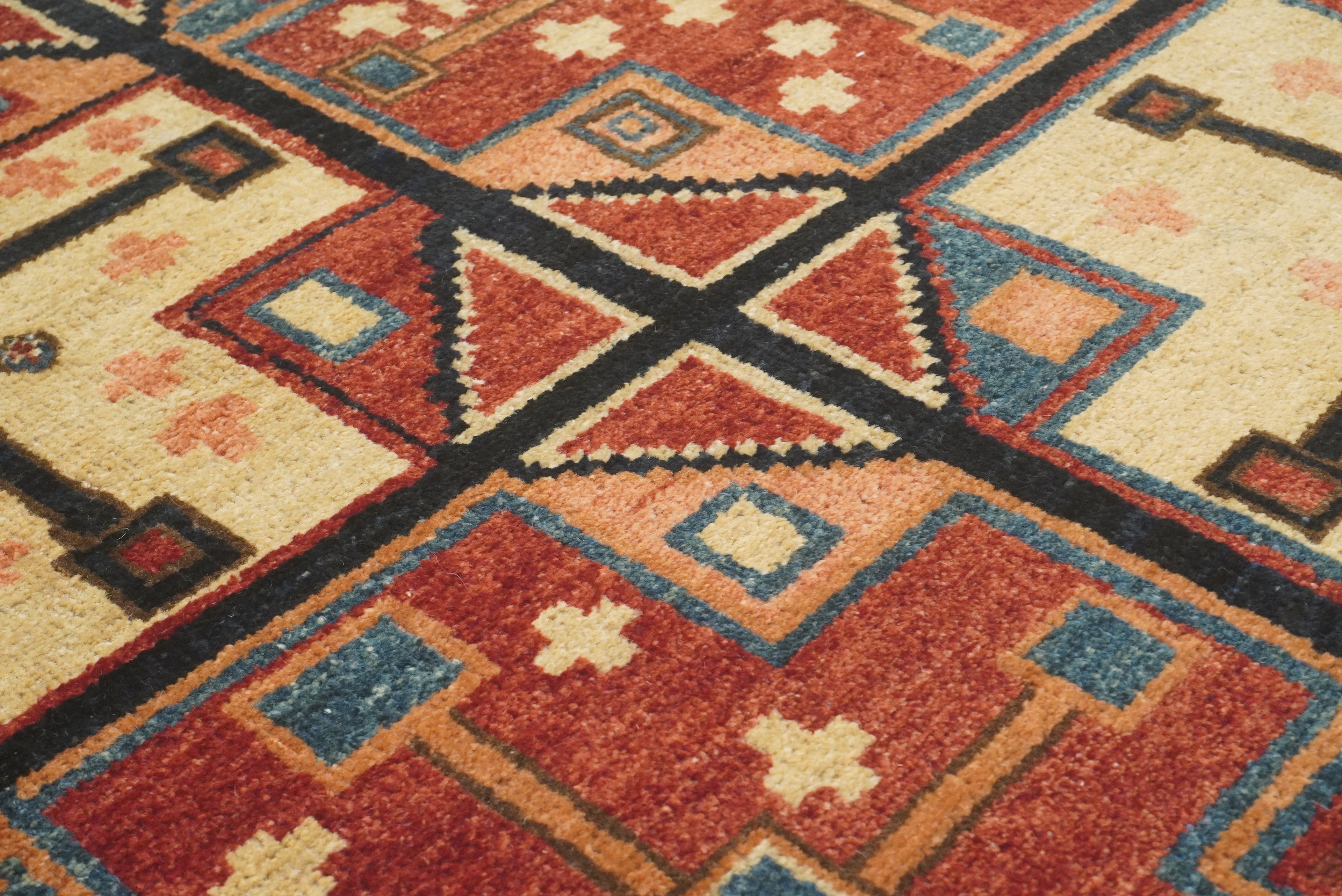 3x3 Red Blue Afghan Hand Knotted Sqaure Rug - Yildiz Rugs