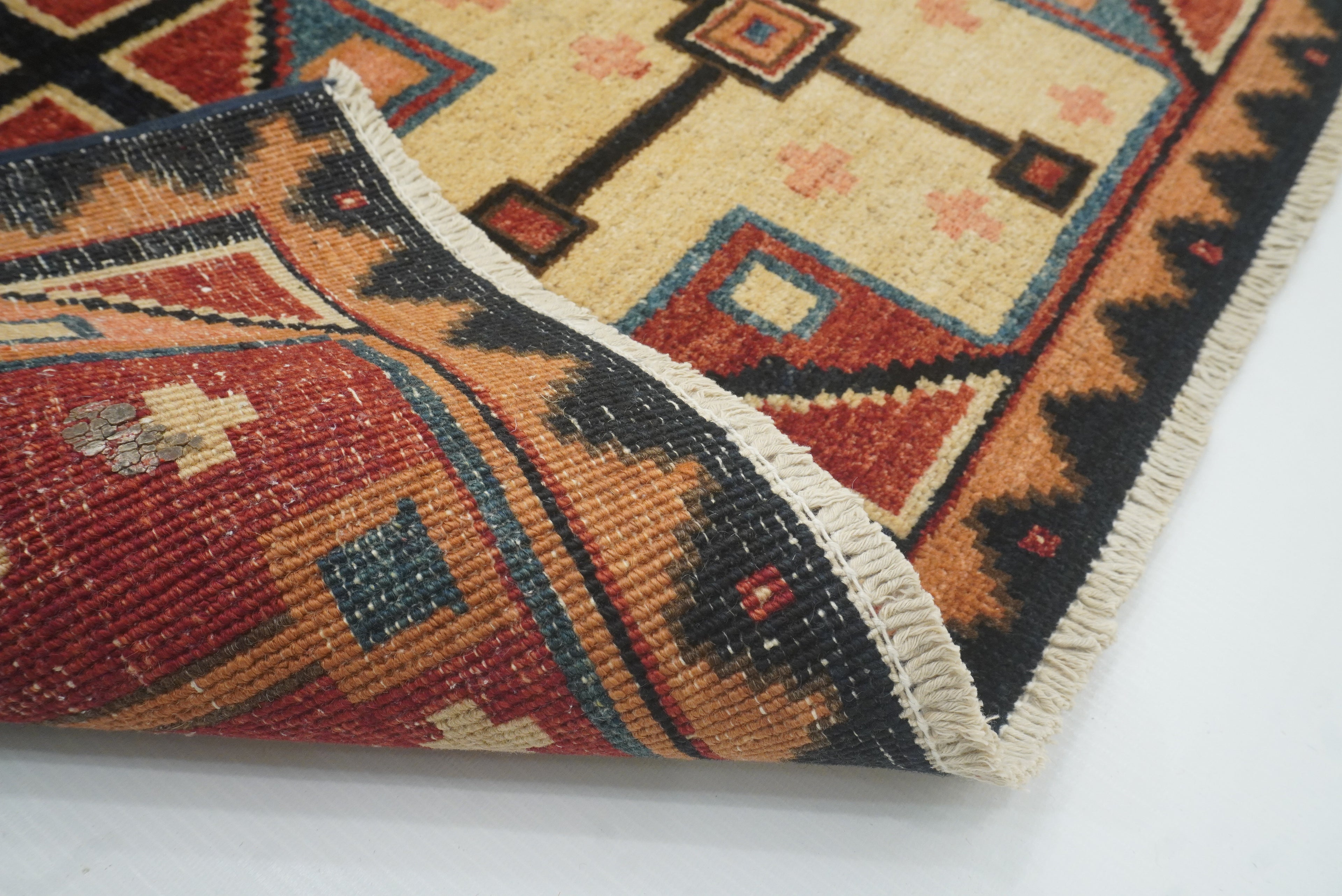 3x3 Red Blue Afghan Hand Knotted Sqaure Rug - Yildiz Rugs