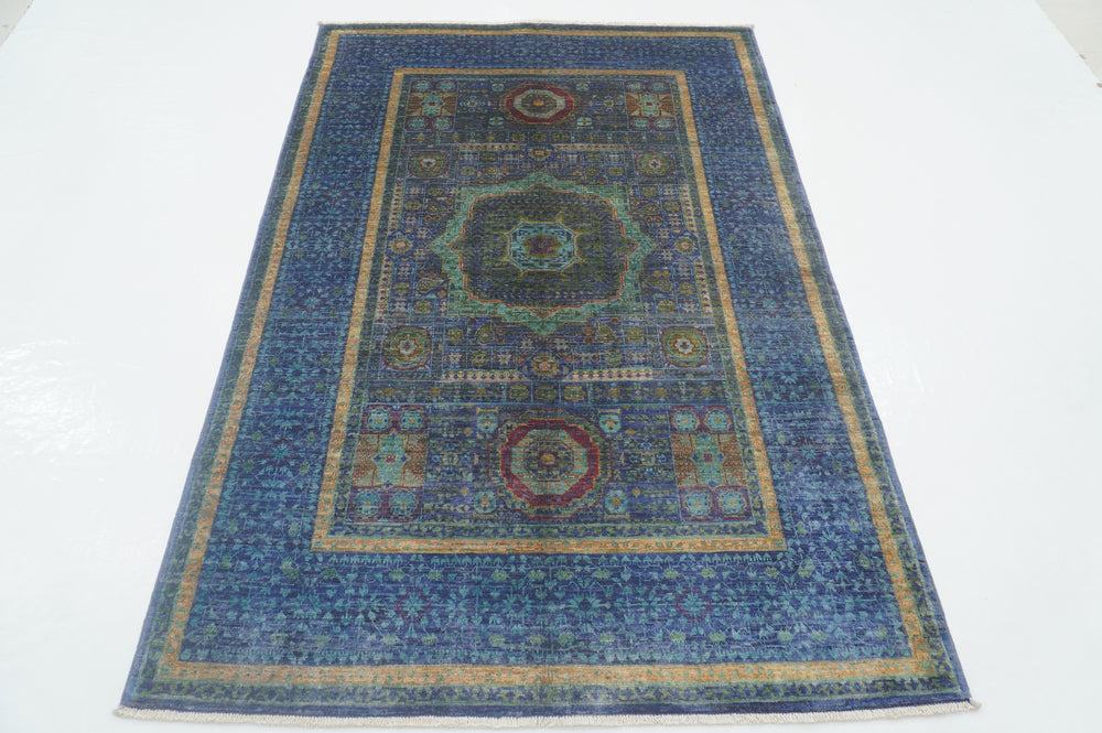 4'4" x 6'5" Blue Mamluk Super Fine Hand knotted wool Medallion Turkish Rug - Yildiz Rugs