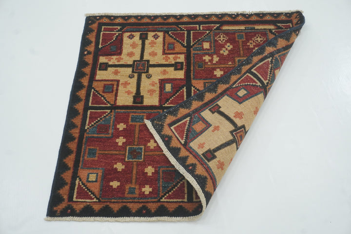 3x3 Red Blue Afghan Hand Knotted Sqaure Rug - Yildiz Rugs
