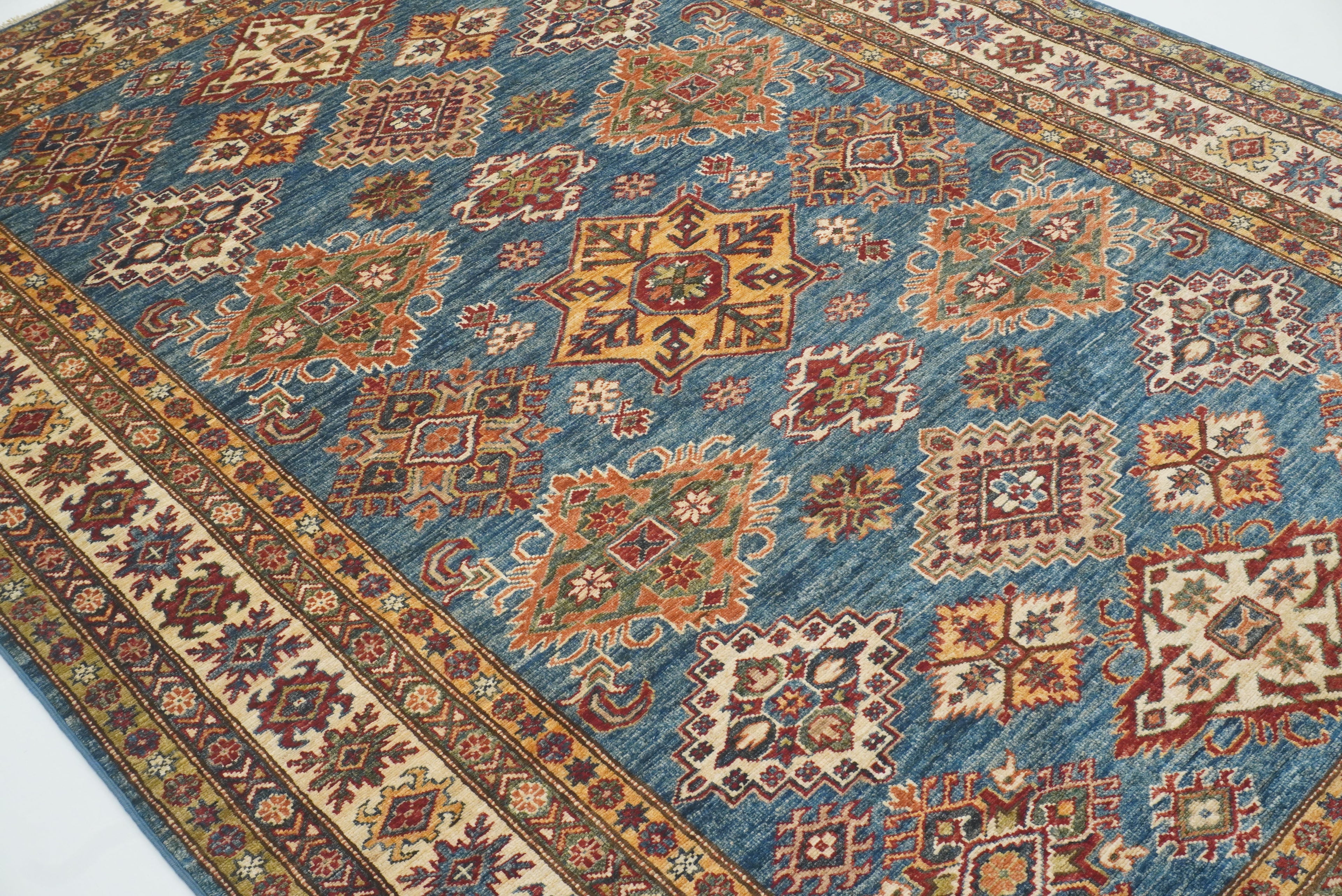 6x9 Blue Kazak Afghan Hand-Knotted Oriental Rug - Yildiz Rugs