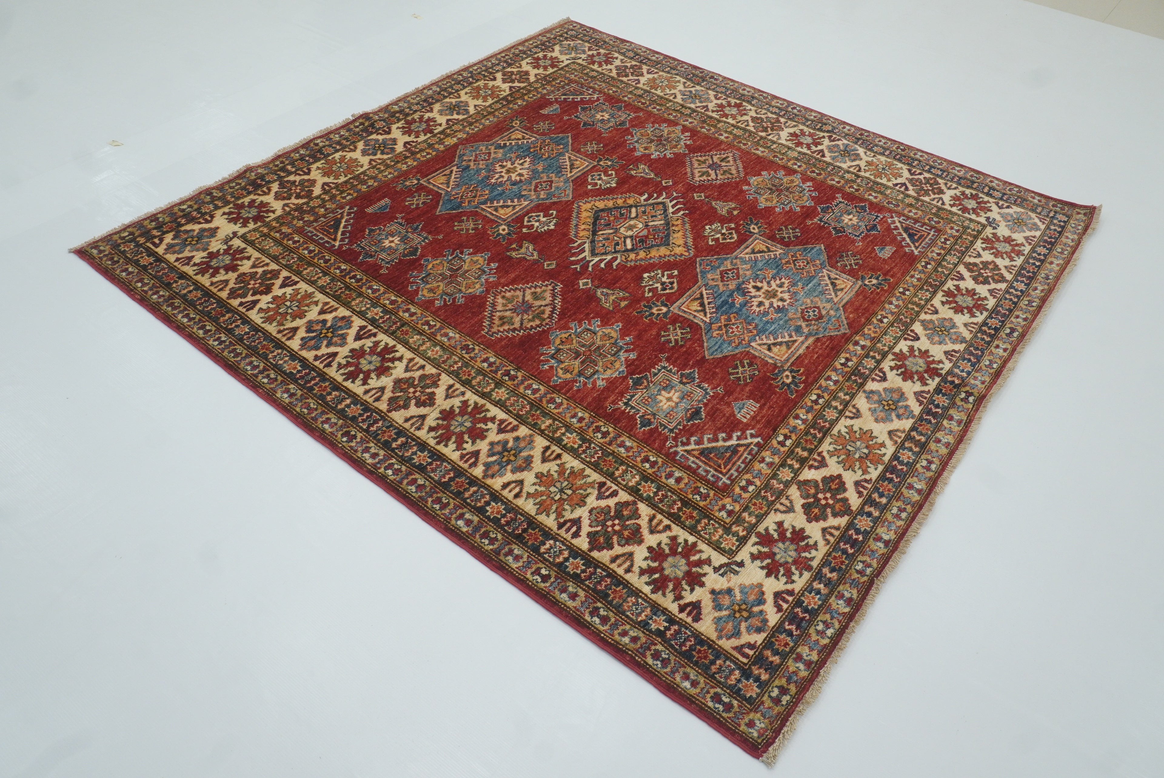 6x6 Red Kazak Afghan Hand-Knotted Wool Sqaure Rug - Yildiz Rugs