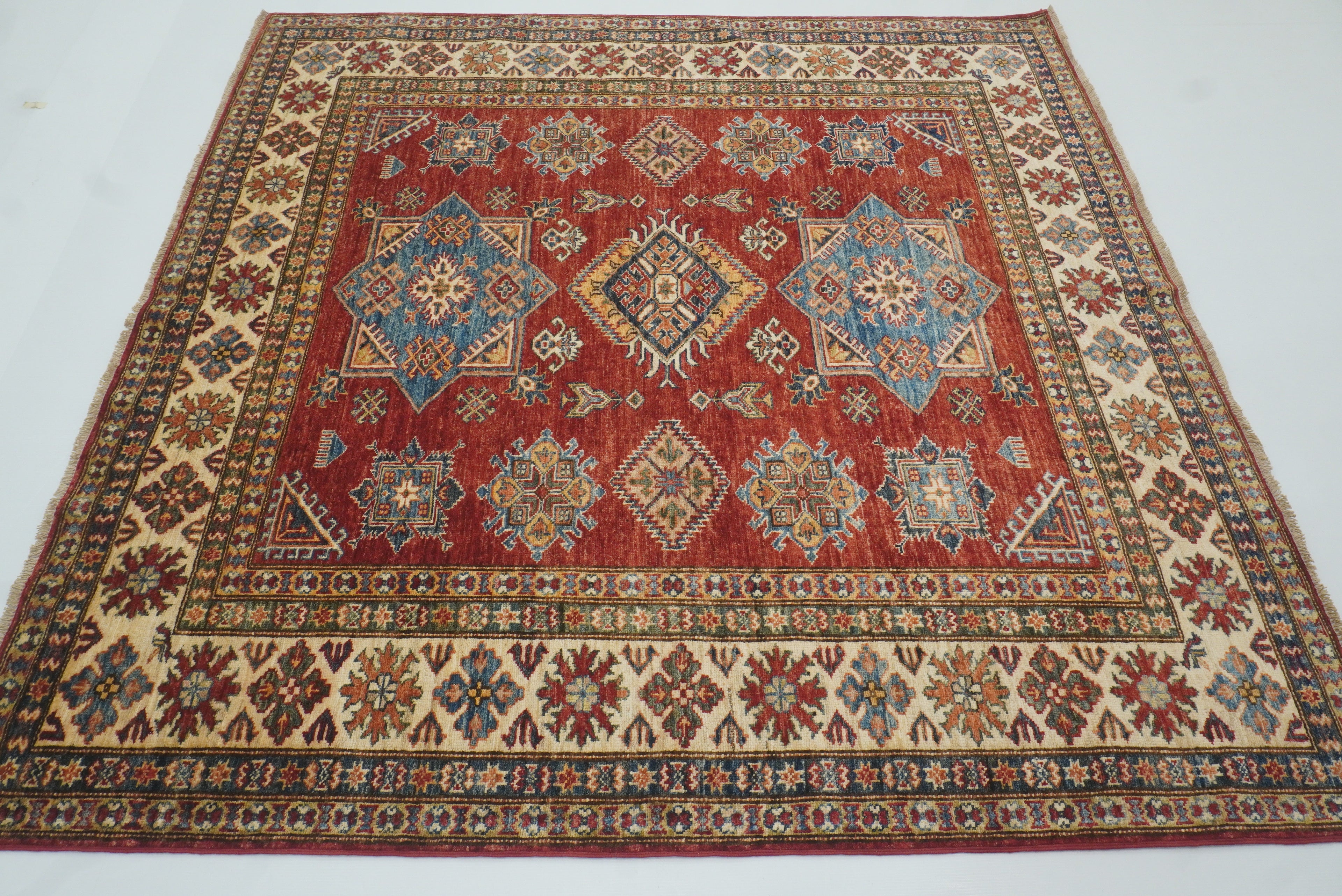 6x6 Red Kazak Afghan Hand-Knotted Wool Sqaure Rug - Yildiz Rugs