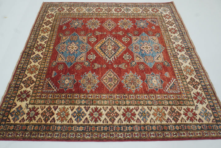 6x6 Red Kazak Afghan Hand-Knotted Wool Sqaure Rug - Yildiz Rugs