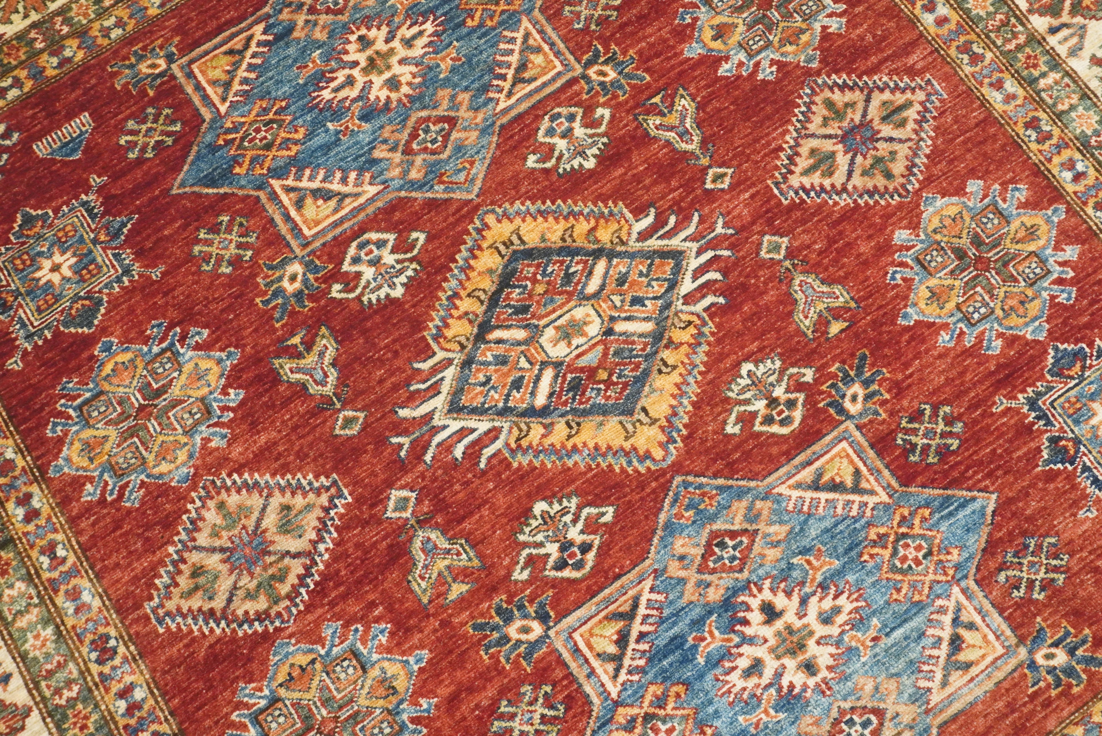 6x6 Red Kazak Afghan Hand-Knotted Wool Sqaure Rug - Yildiz Rugs