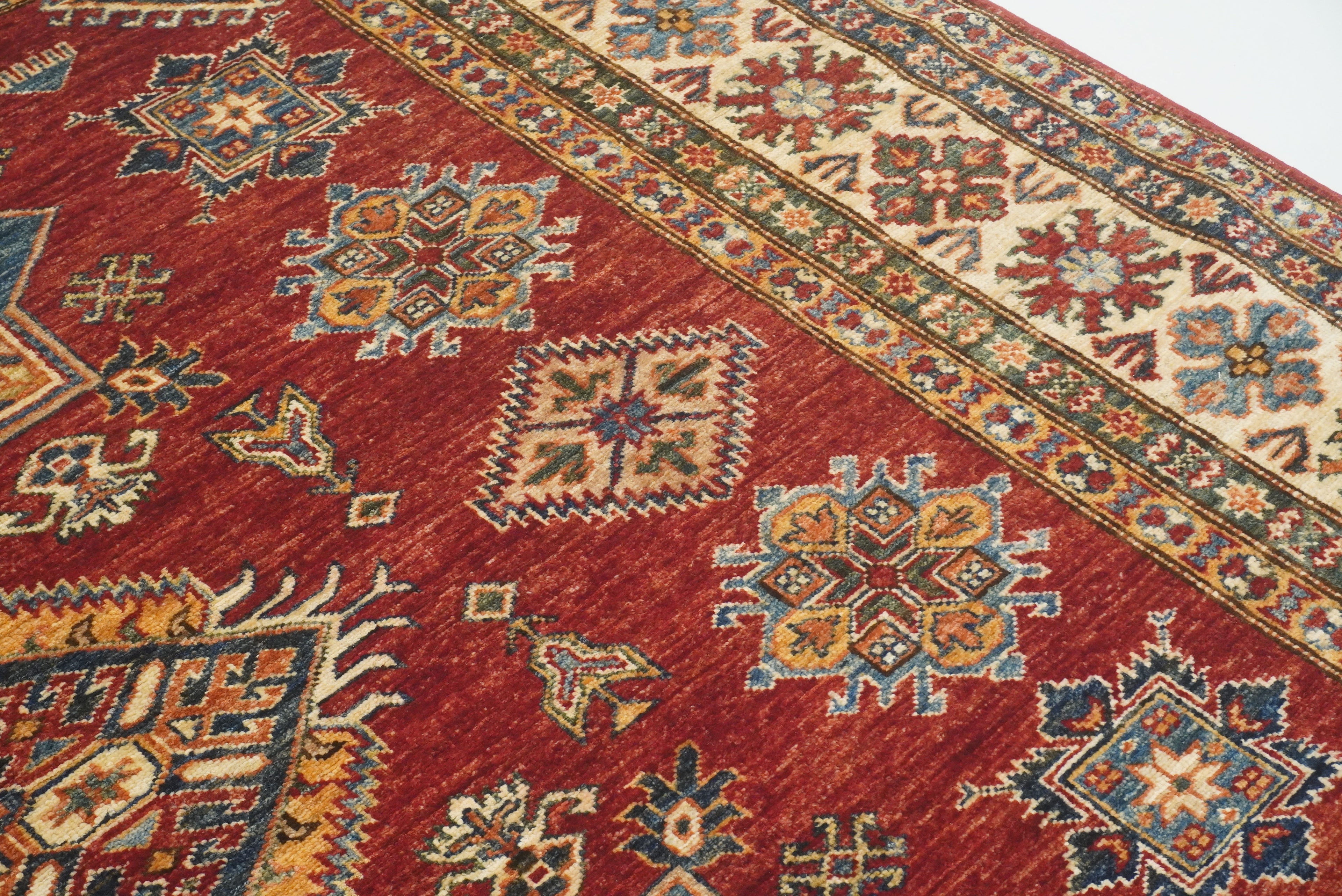 6x6 Red Kazak Afghan Hand-Knotted Wool Sqaure Rug - Yildiz Rugs