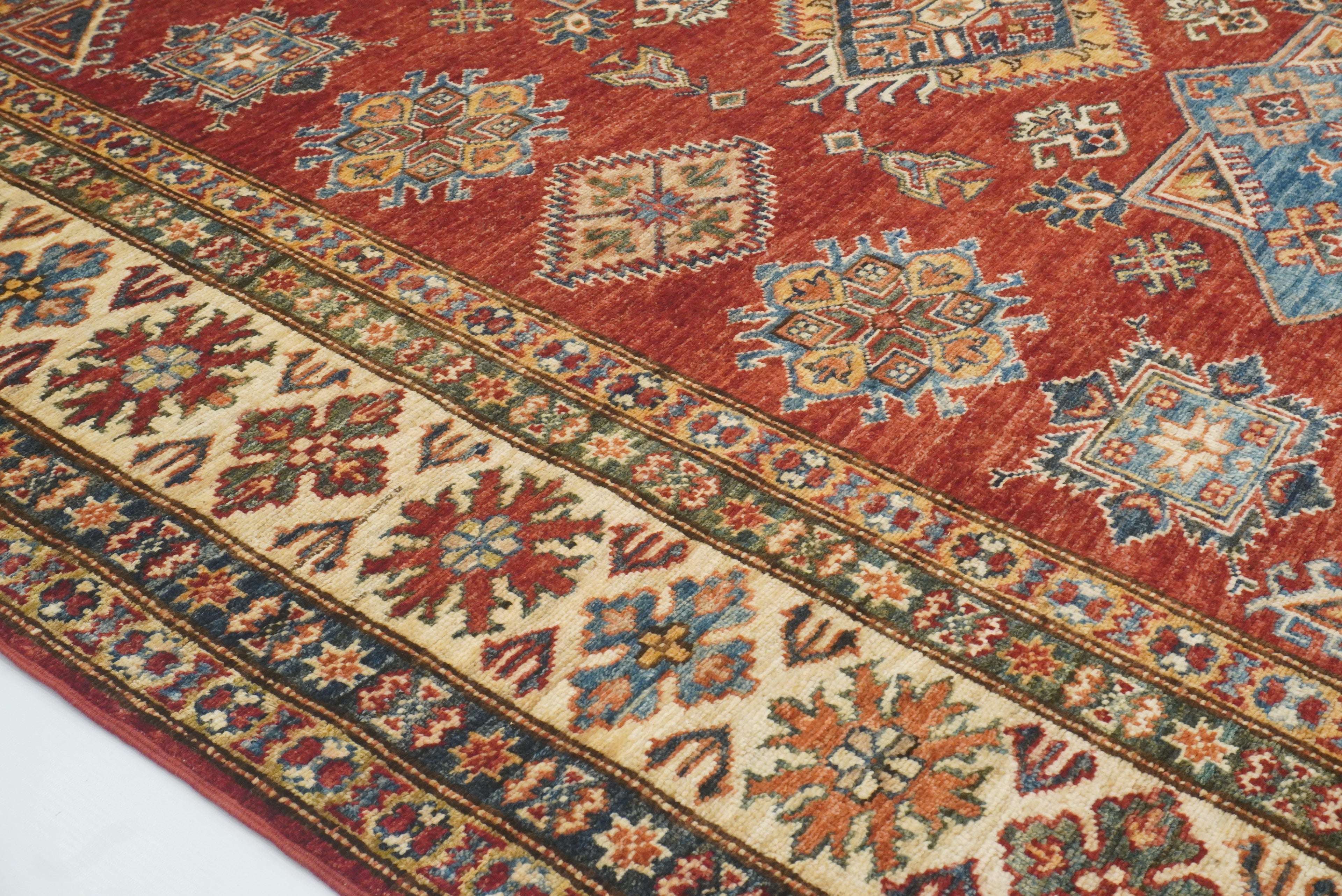 6x6 Red Kazak Afghan Hand-Knotted Wool Sqaure Rug - Yildiz Rugs