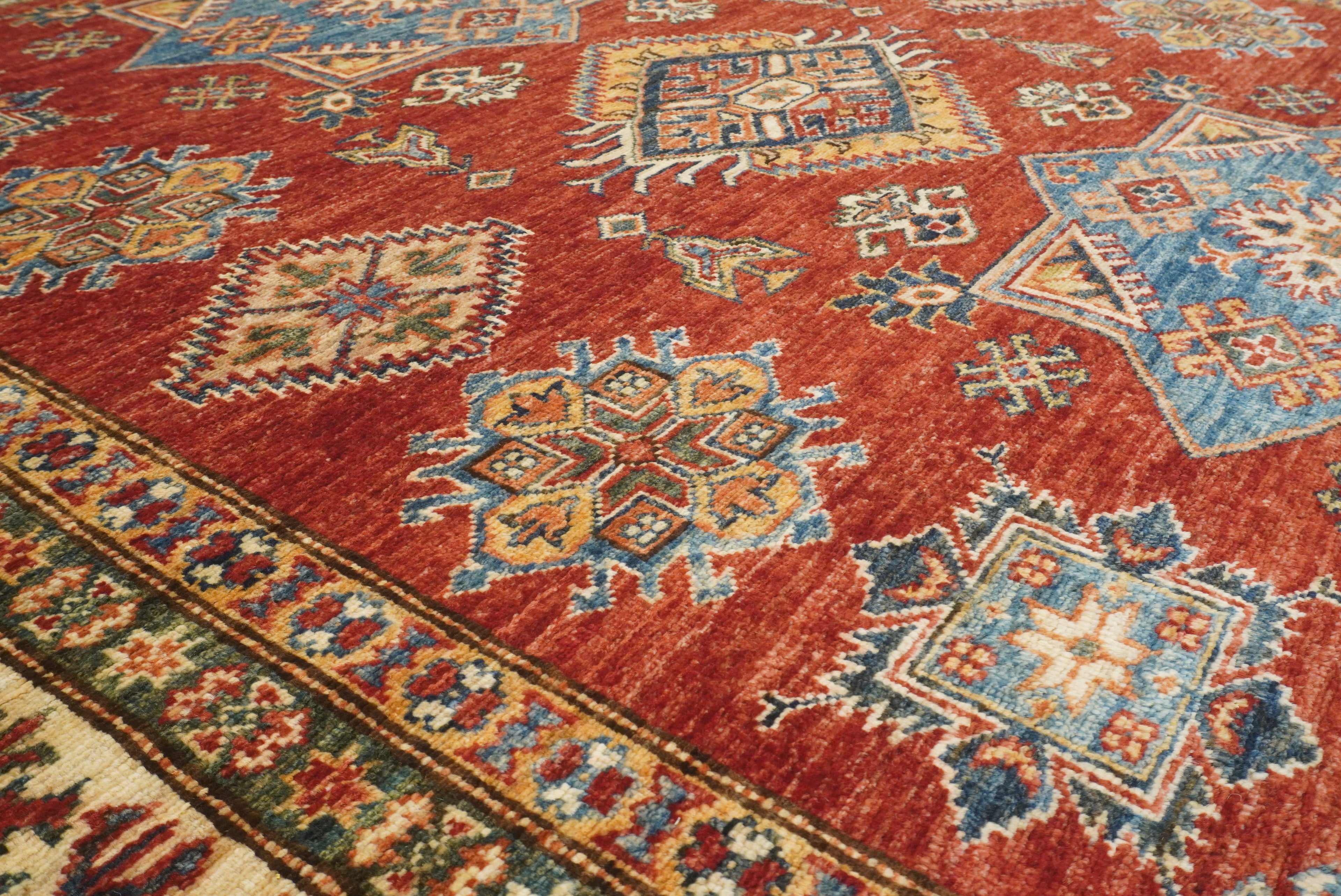 6x6 Red Kazak Afghan Hand-Knotted Wool Sqaure Rug - Yildiz Rugs