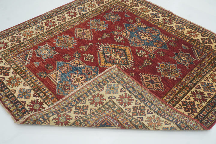 6x6 Red Kazak Afghan Hand-Knotted Wool Sqaure Rug - Yildiz Rugs