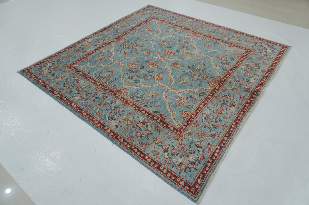 7x7 Blue Square Fine Quality Afghan Hand knotted Square Rug - Yildiz Rugs