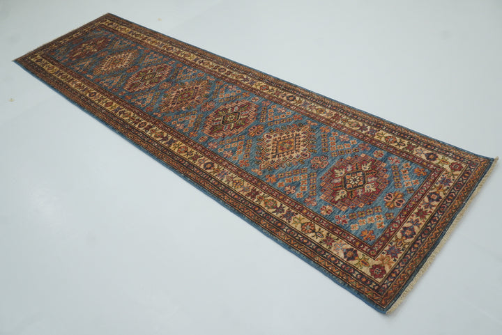 10 ft Kazak Blue Afghan Hand Knotted Runner Rug - Yildiz Rugs