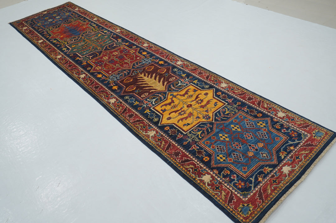 12 Ft Navy Blue Bakhtiari Afghan hand knotted Tribal Runner Rug - Yildiz Rugs