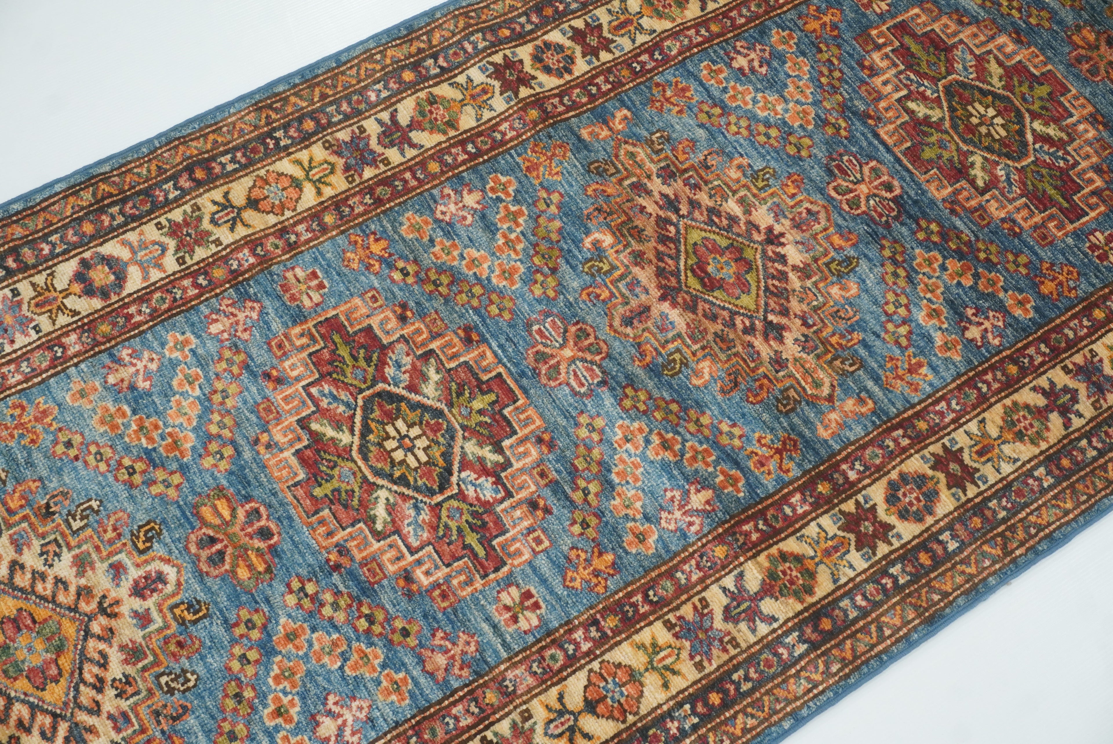 10 ft Kazak Blue Afghan Hand Knotted Runner Rug - Yildiz Rugs