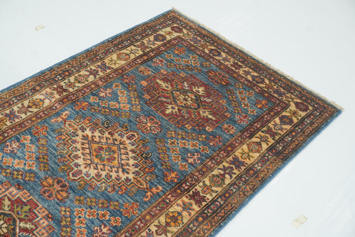 10 ft Kazak Blue Afghan Hand Knotted Runner Rug - Yildiz Rugs