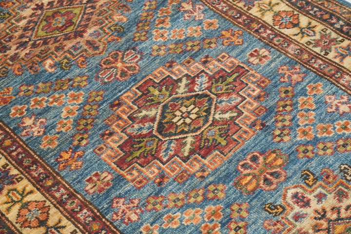 10 ft Kazak Blue Afghan Hand Knotted Runner Rug - Yildiz Rugs