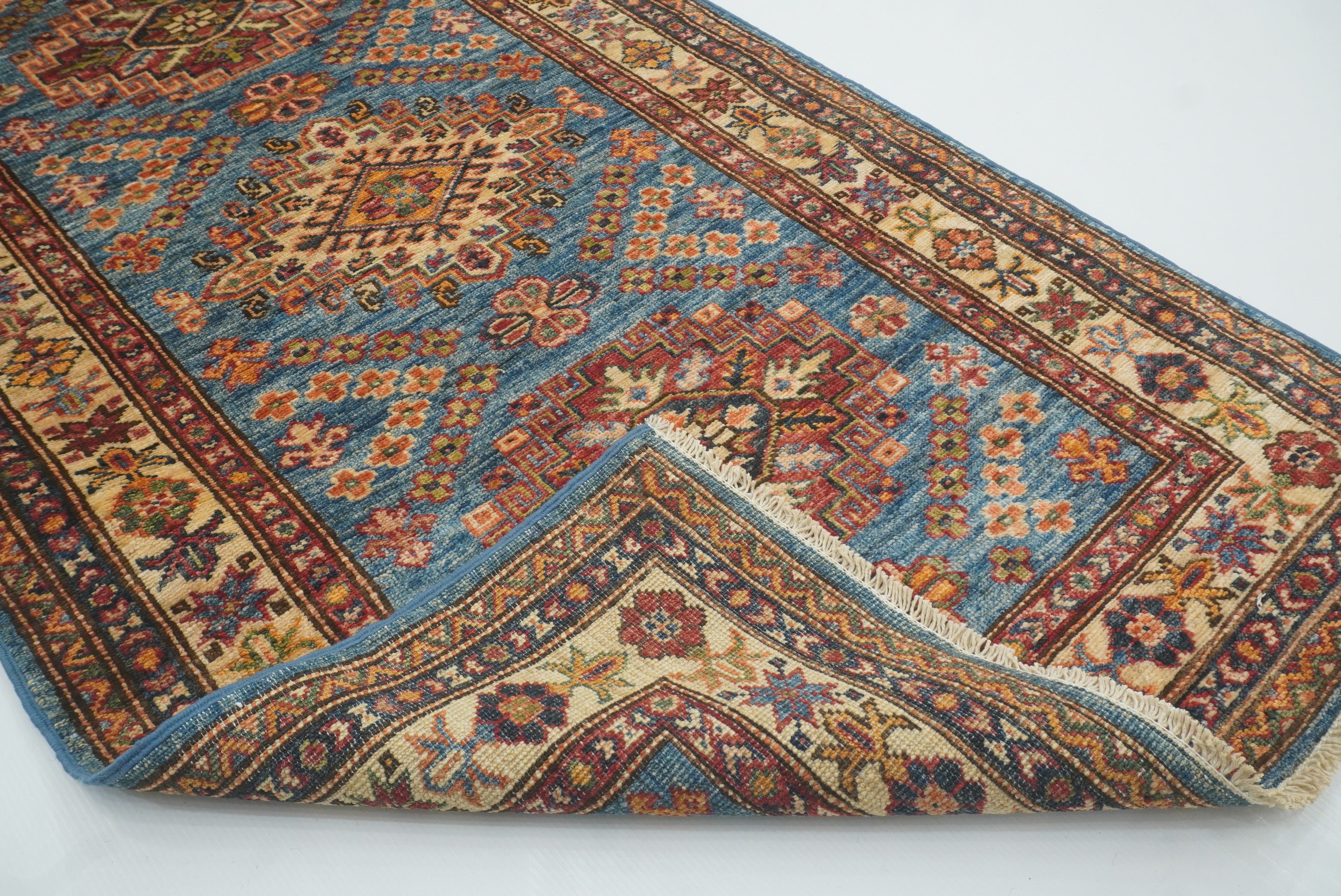 10 ft Kazak Blue Afghan Hand Knotted Runner Rug - Yildiz Rugs