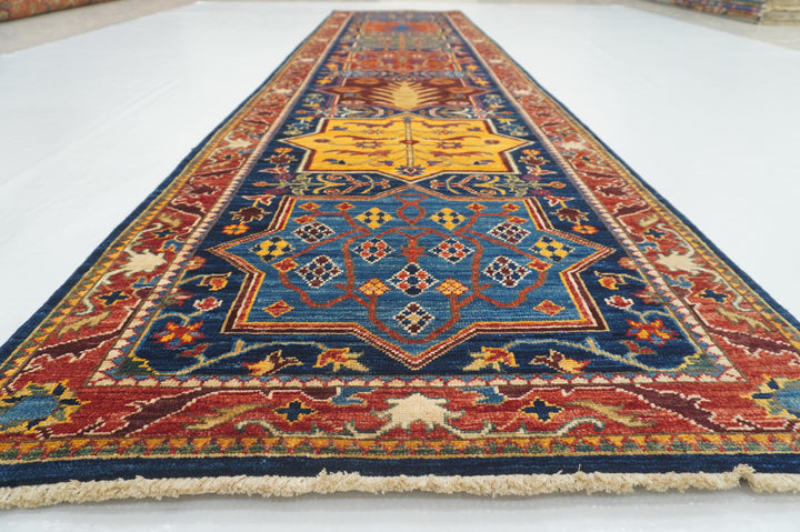 12 Ft Navy Blue Bakhtiari Afghan hand knotted Tribal Runner Rug - Yildiz Rugs