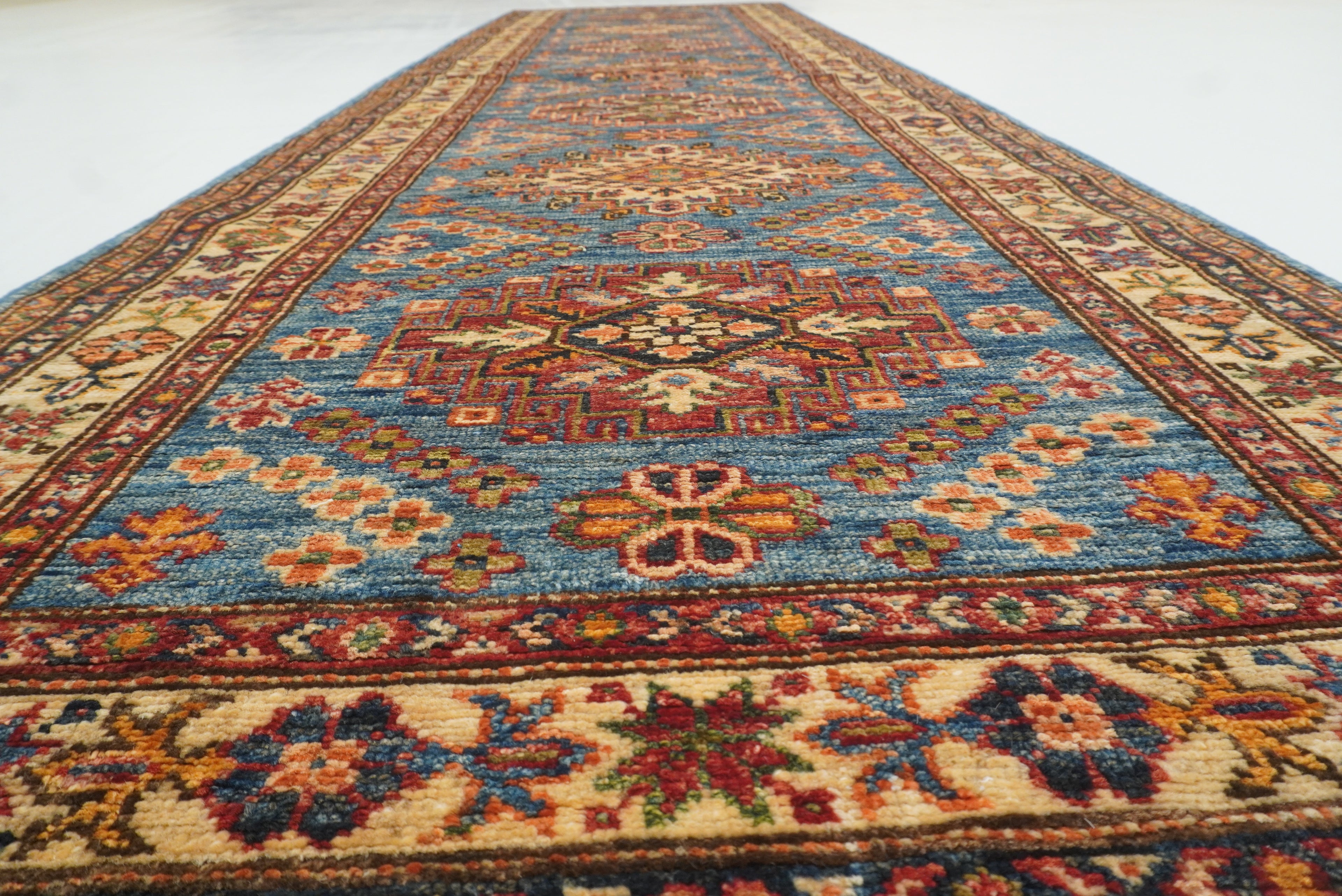 10 ft Kazak Blue Afghan Hand Knotted Runner Rug - Yildiz Rugs