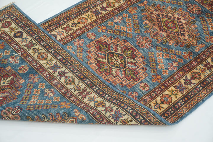 10 ft Kazak Blue Afghan Hand Knotted Runner Rug - Yildiz Rugs