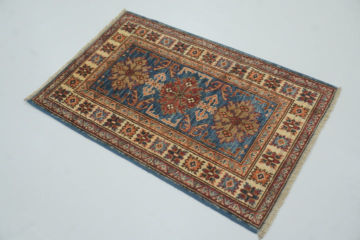 2x3 Blue Kazak Hand-Knotted Afghan Rug - Yildiz Rugs
