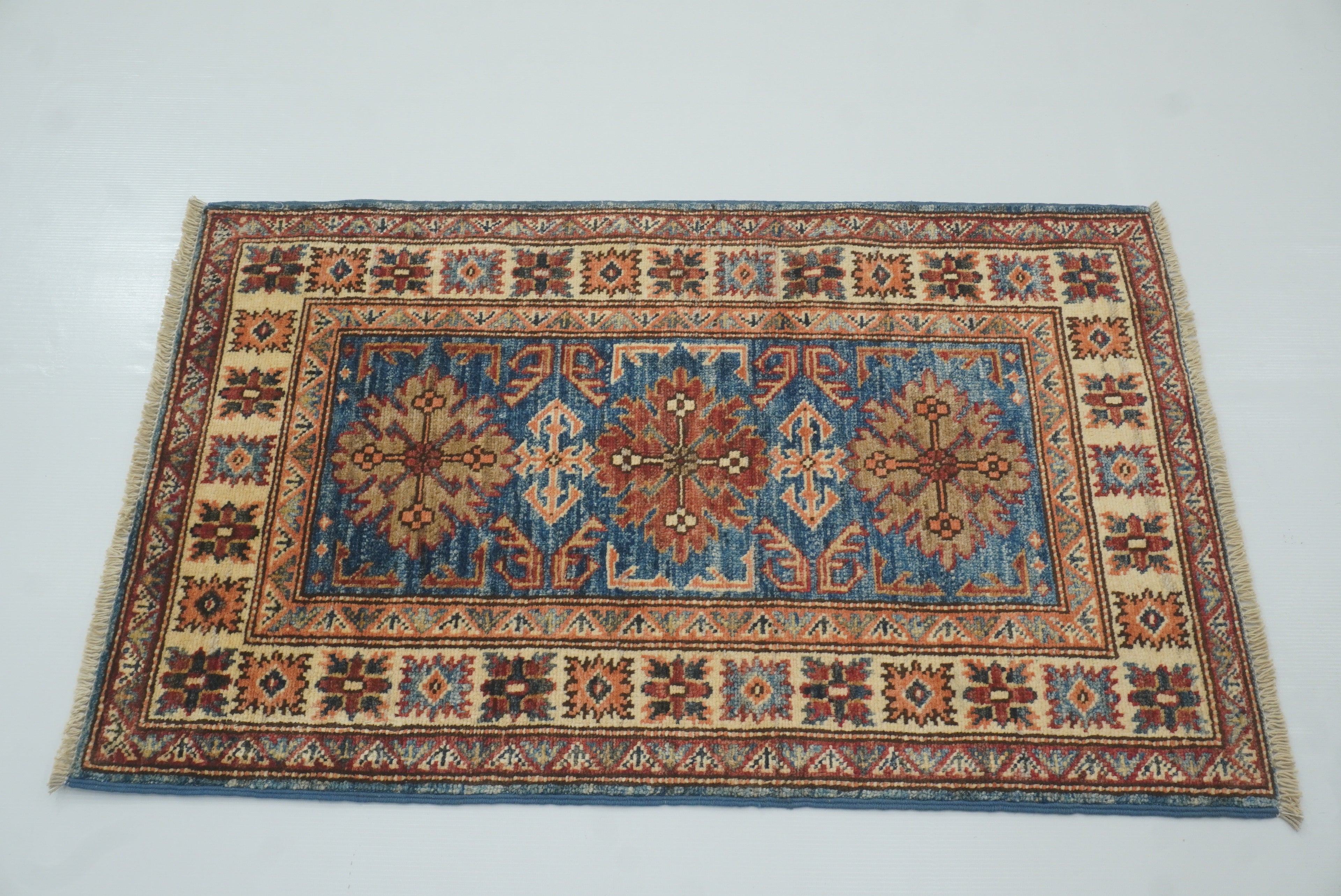 2x3 Blue Kazak Hand-Knotted Afghan Rug - Yildiz Rugs