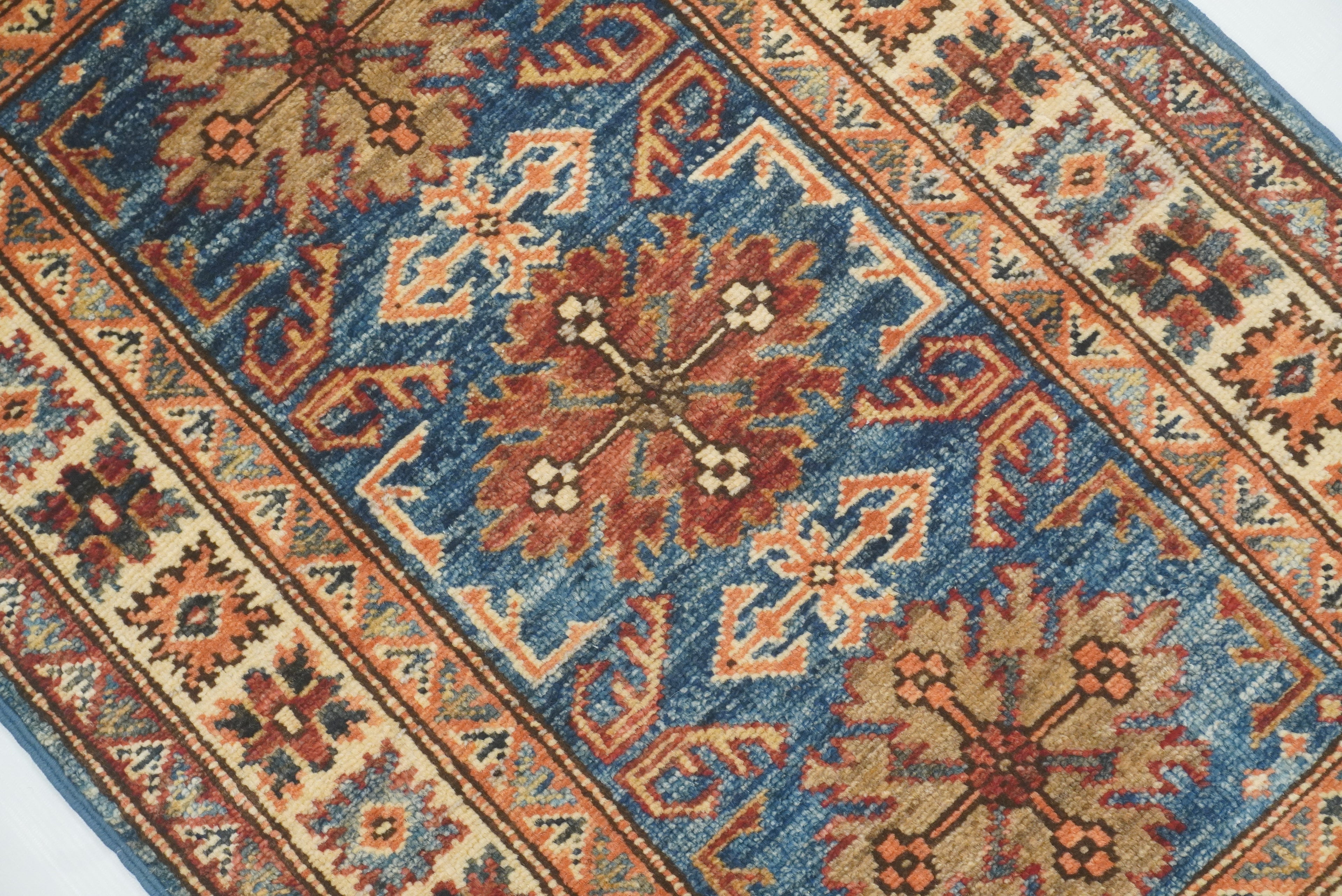 2x3 Blue Kazak Hand-Knotted Afghan Rug - Yildiz Rugs