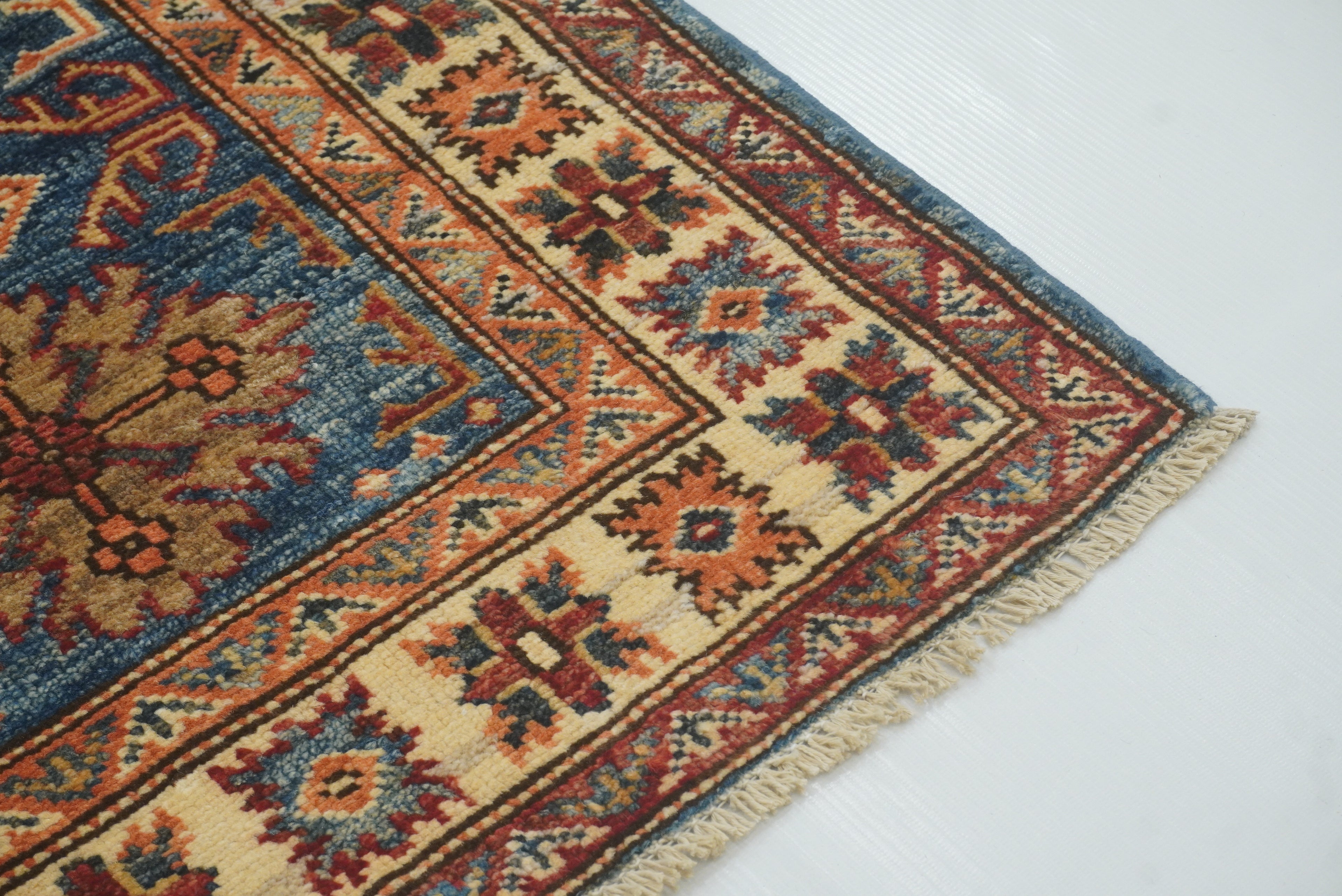 2x3 Blue Kazak Hand-Knotted Afghan Rug - Yildiz Rugs