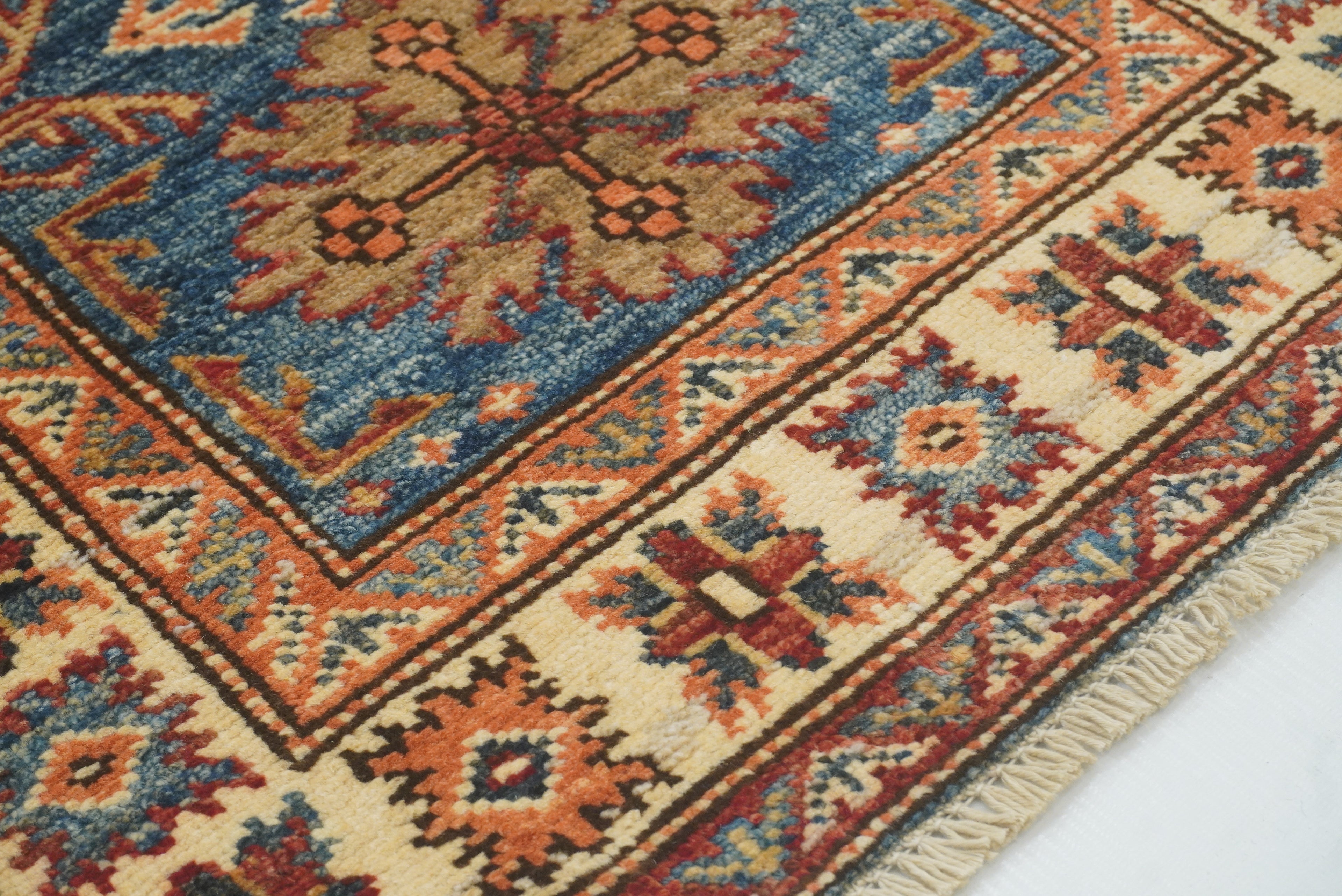 2x3 Blue Kazak Hand-Knotted Afghan Rug - Yildiz Rugs