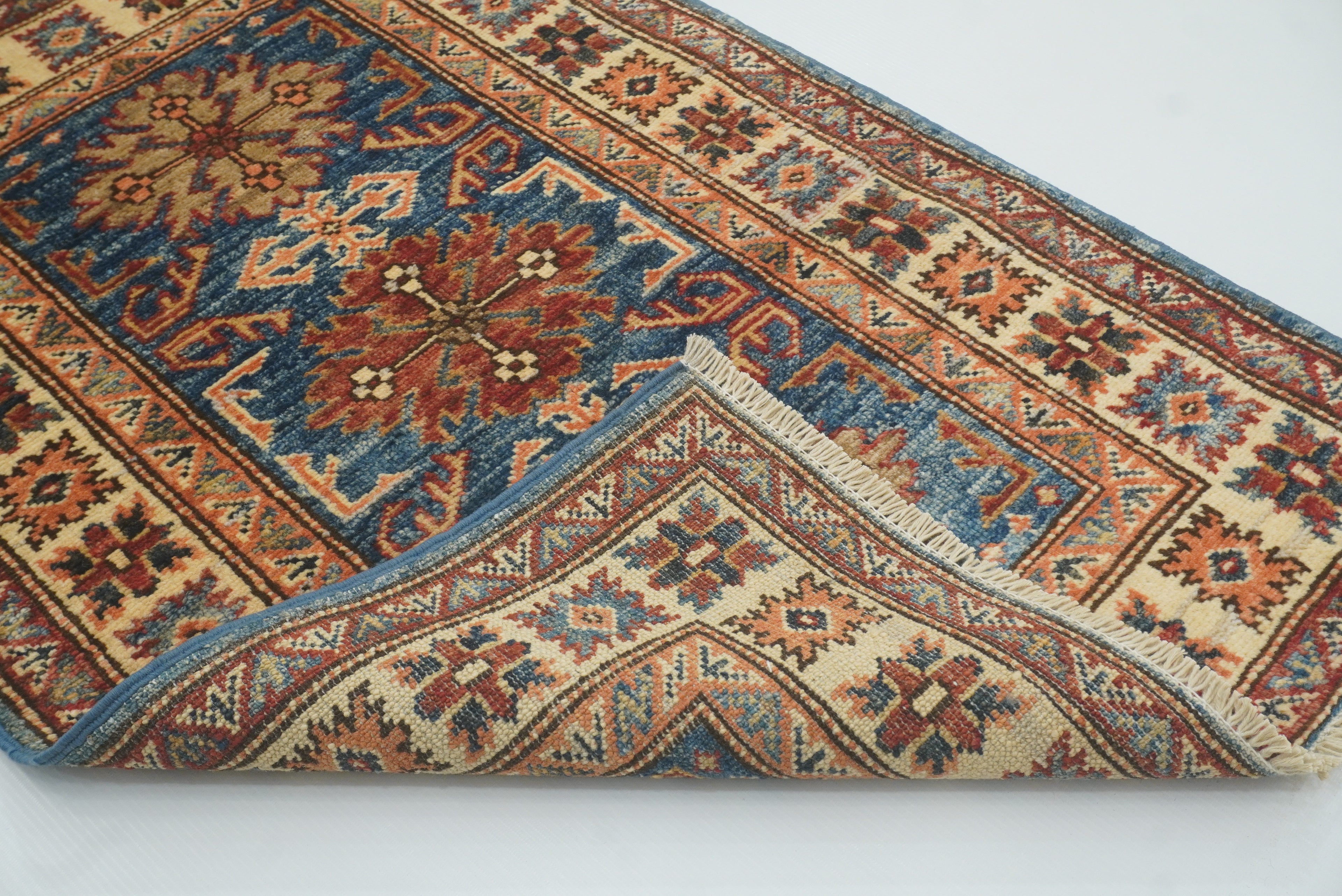 2x3 Blue Kazak Hand-Knotted Afghan Rug - Yildiz Rugs