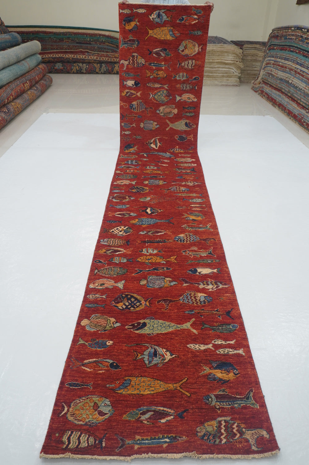 3 x 14 ft Red Fish Gabbeh Afghan Hand knotted Wool Long Runner Rug - Yildiz Rugs