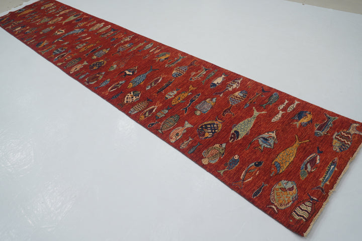 3 x 14 ft Red Fish Gabbeh Afghan Hand knotted Wool Long Runner Rug