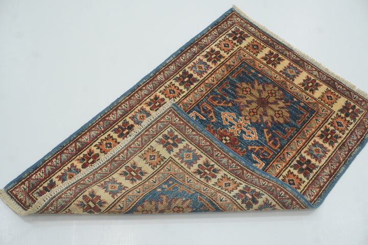 2x3 Blue Kazak Hand-Knotted Afghan Rug - Yildiz Rugs