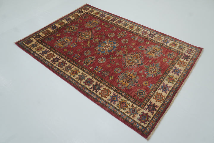 4x6 Red Kazak Hand Knotted Afghan Geometric Rug - Yildiz Rugs