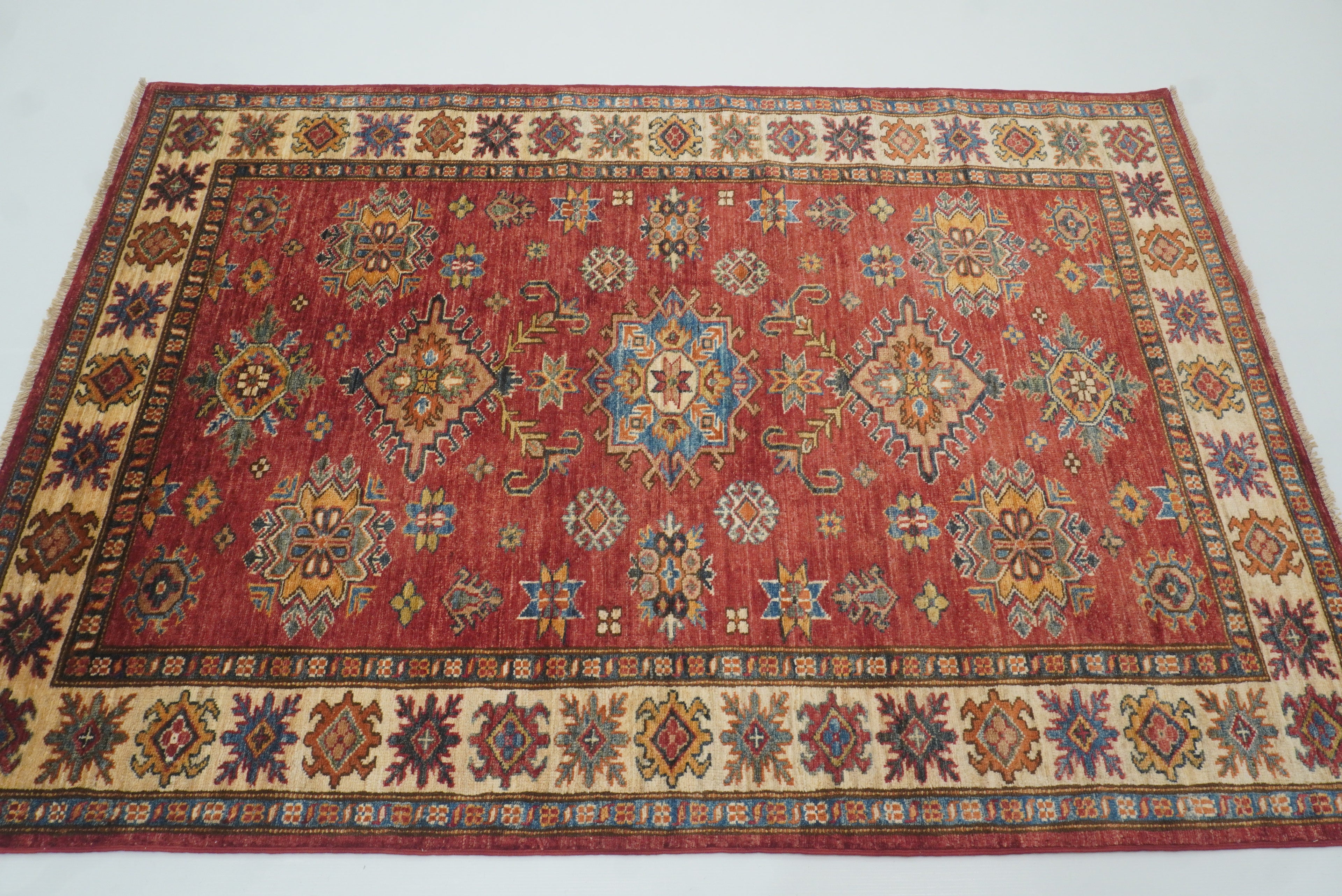 4x6 Red Kazak Hand Knotted Afghan Geometric Rug - Yildiz Rugs