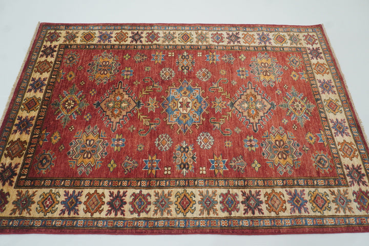 4x6 Red Kazak Hand Knotted Afghan Geometric Rug - Yildiz Rugs