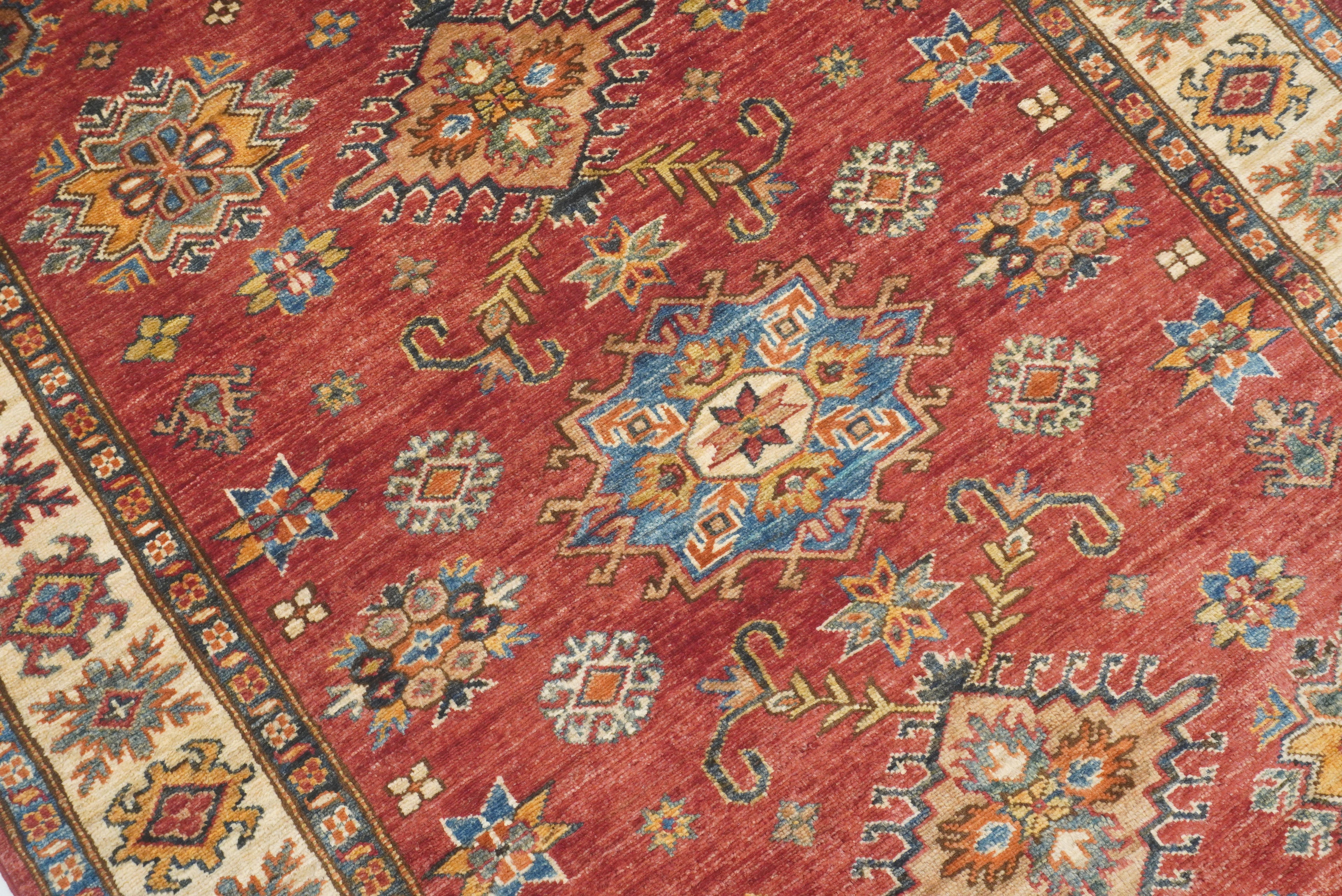 4x6 Red Kazak Hand Knotted Afghan Geometric Rug - Yildiz Rugs