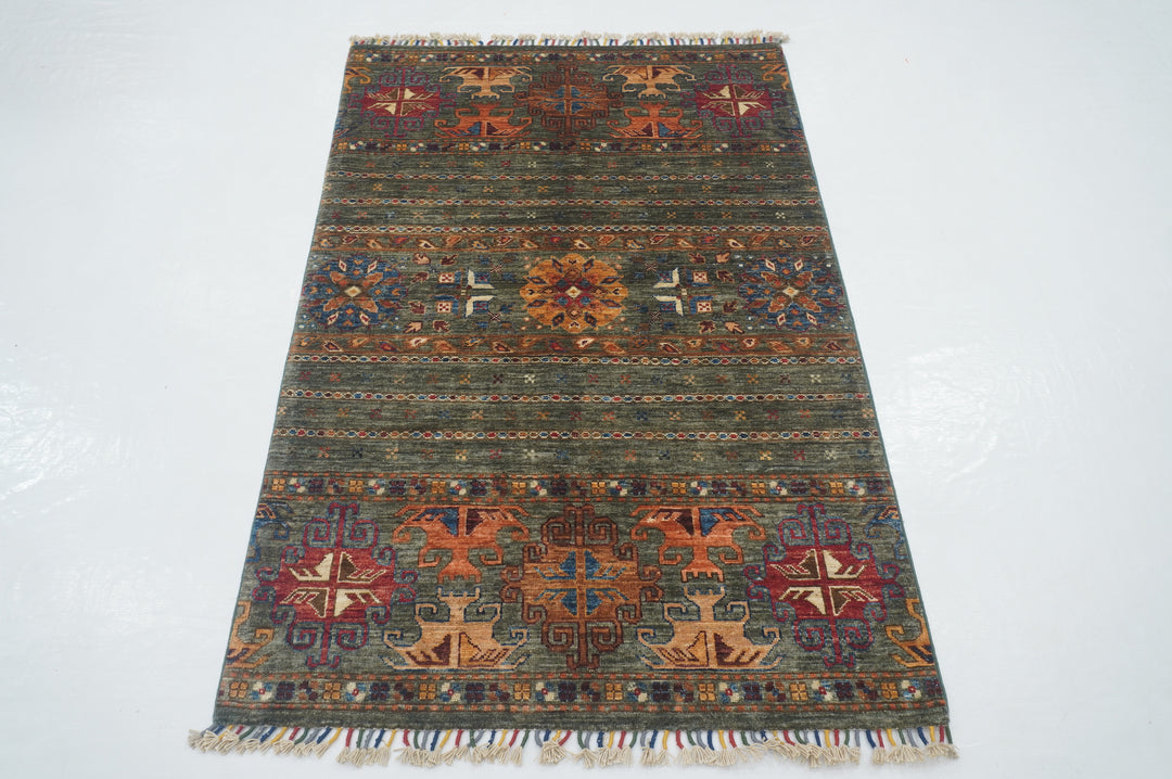3x5 Green Tribal Afghan Hand knotted Oriental Rug