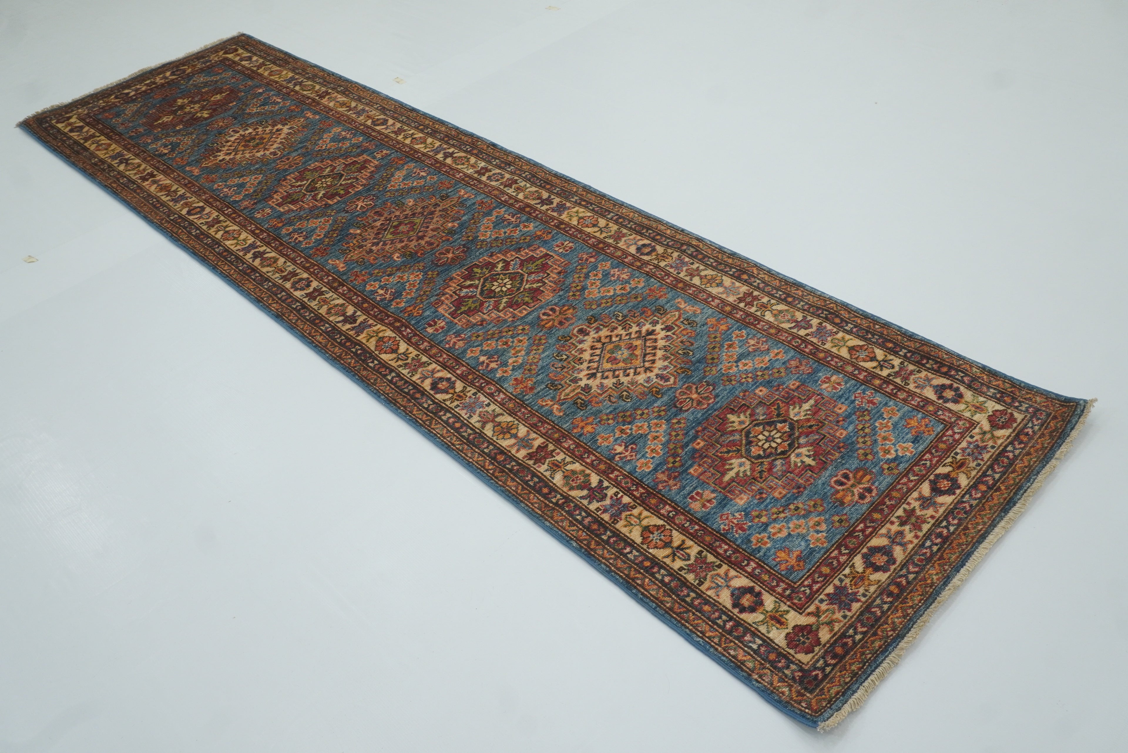 10 ft Kazak Blue Afghan Hand Knotted Runner Rug - Yildiz Rugs