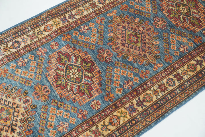 10 ft Kazak Blue Afghan Hand Knotted Runner Rug - Yildiz Rugs