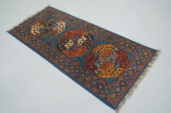 3x6 Blue Ersari Turkmen Afghan Hand knotted Runner Rug