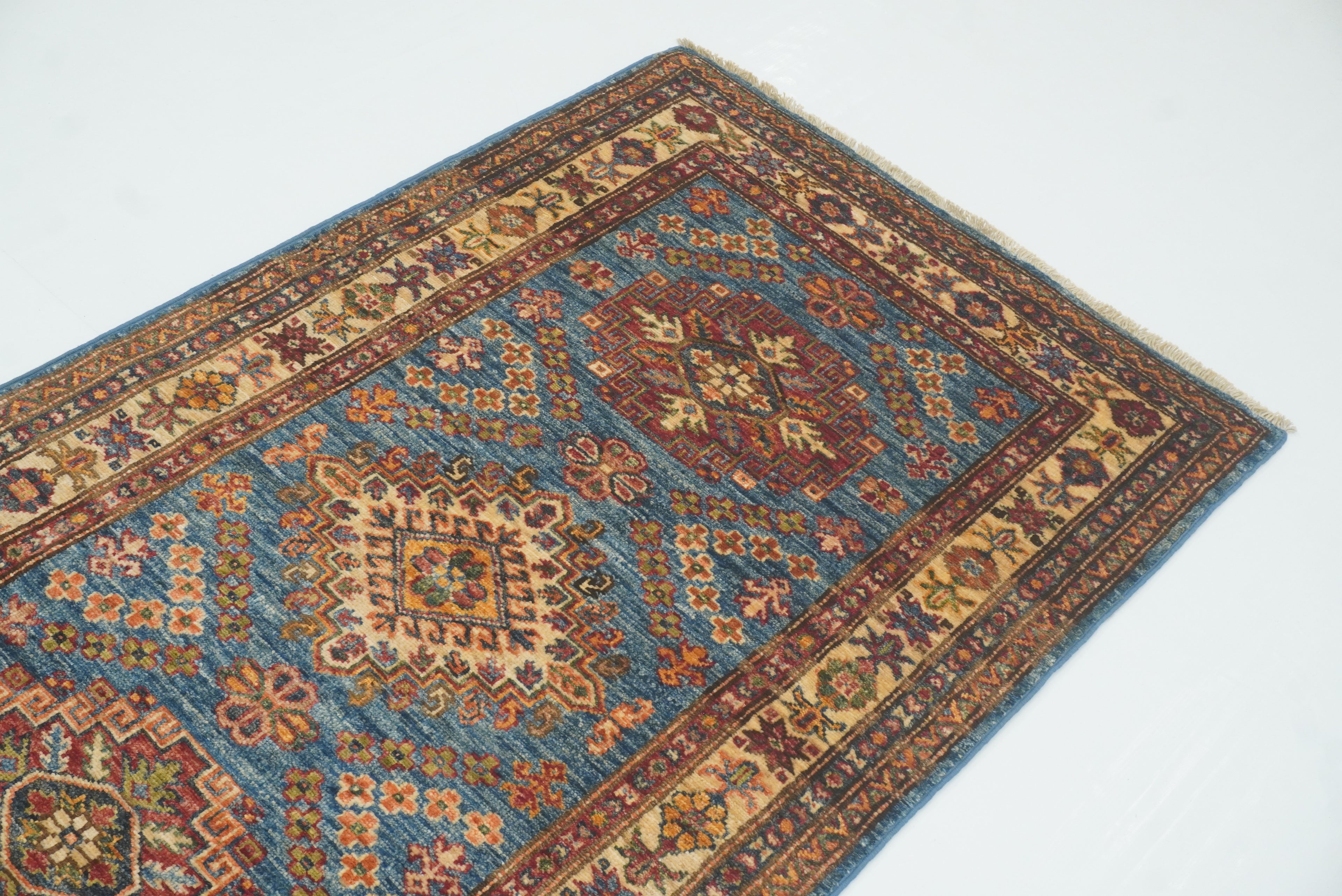 10 ft Kazak Blue Afghan Hand Knotted Runner Rug - Yildiz Rugs
