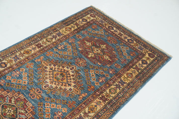 10 ft Kazak Blue Afghan Hand Knotted Runner Rug - Yildiz Rugs
