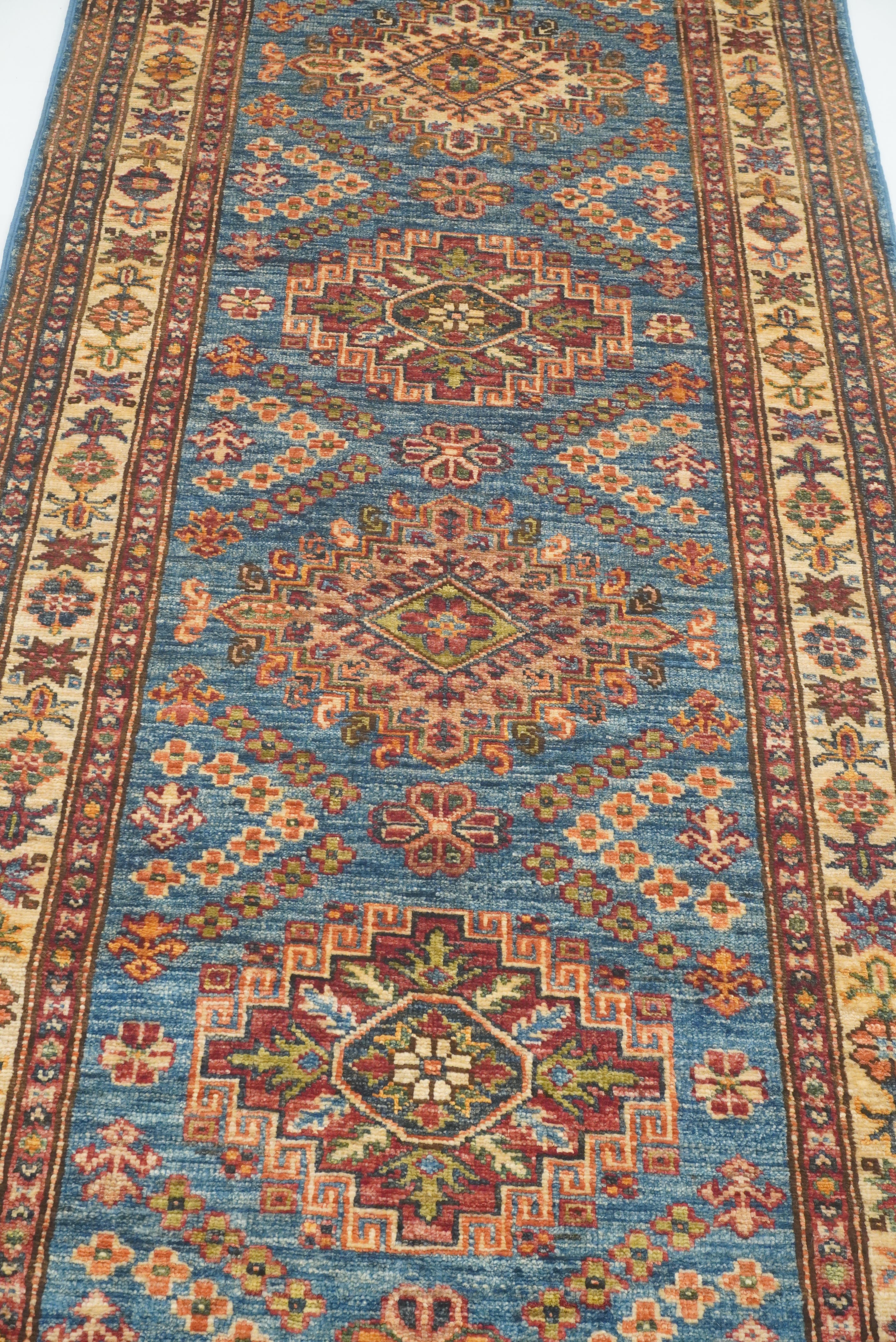 10 ft Kazak Blue Afghan Hand Knotted Runner Rug - Yildiz Rugs