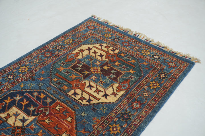 3x6 Blue Ersari Turkmen Afghan Hand knotted Runner Rug